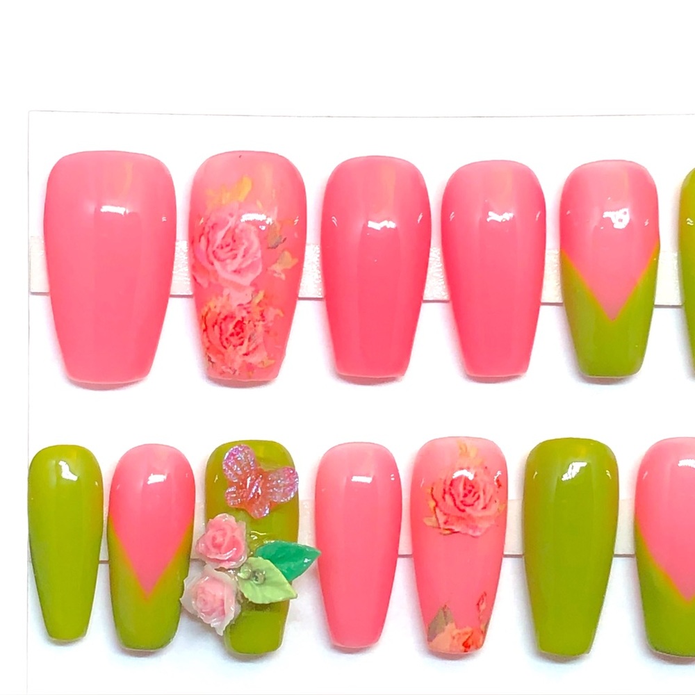 Custom Handmade Press On Nails UV Gel Long Coffin Pink Spring Roses Summer Nails - Picture 2 of 9